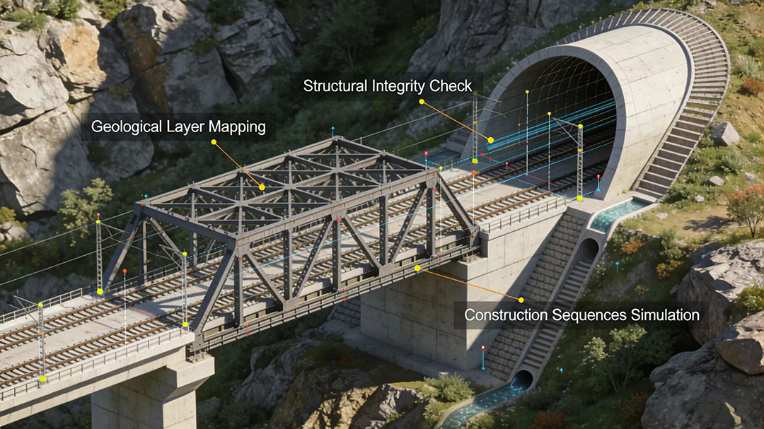 3D BIM model of Beidou-integrated smart railway route design.